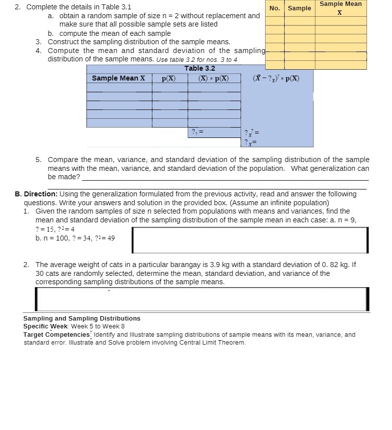  2. Complete the details in Table 3.1 No. Sample Sample Mean