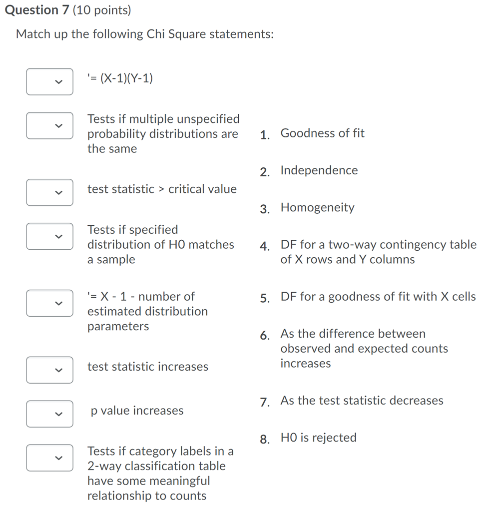  Question 7 (10 points) Match up the following Chi Square statements: