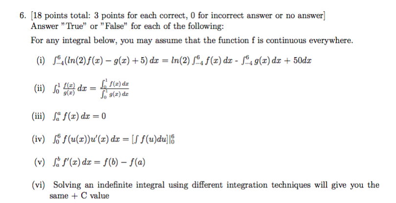  6. [18 points total: 3 points for each correct, 0 for