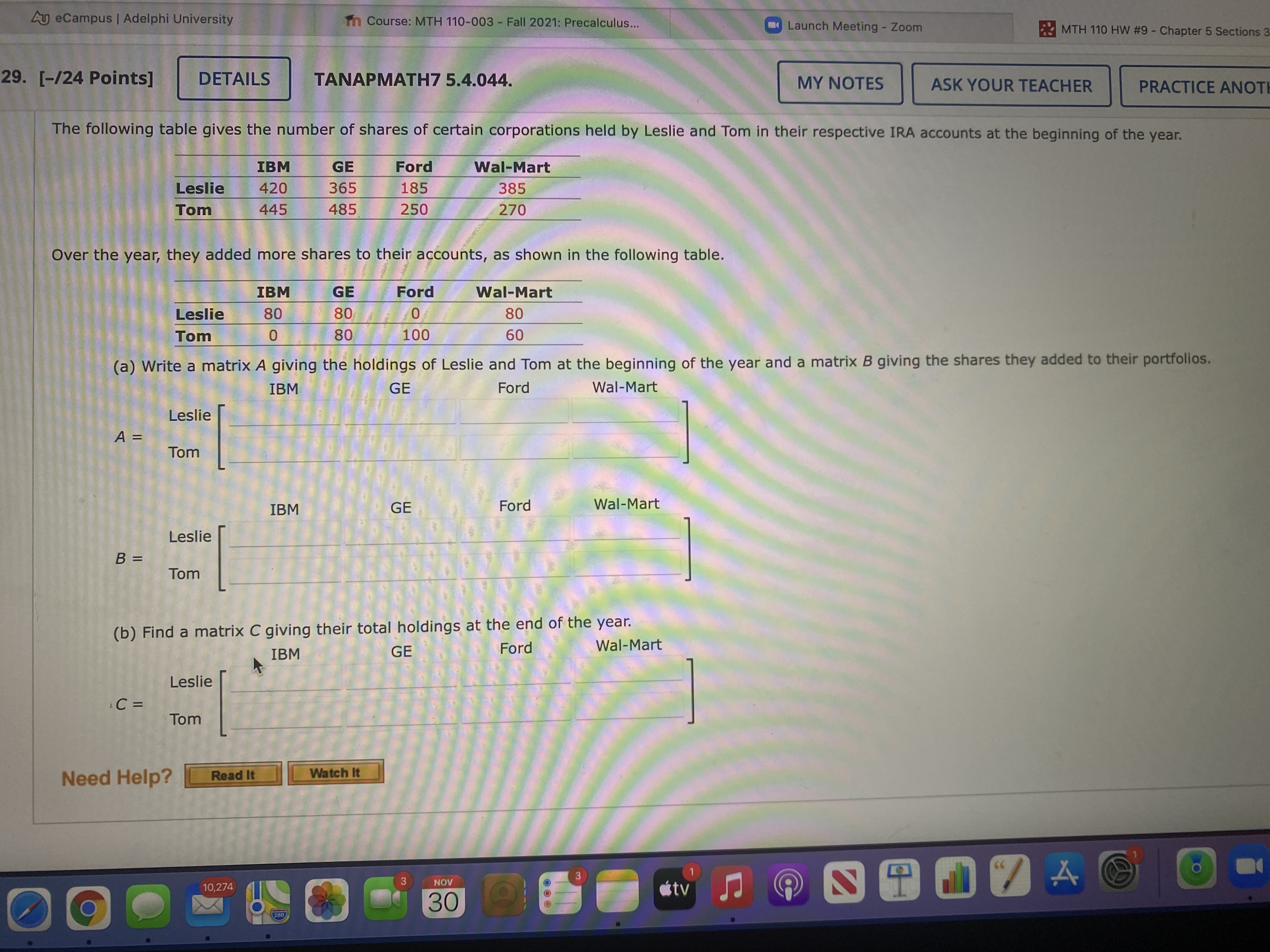 for u, x, y, and z in the given matrix equation. W