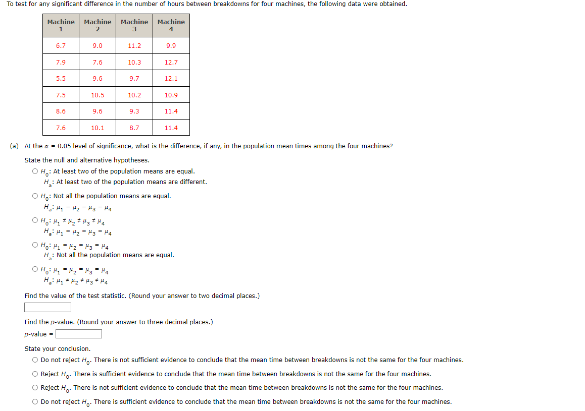 in the number of hours between breakdowns for four machines, the following