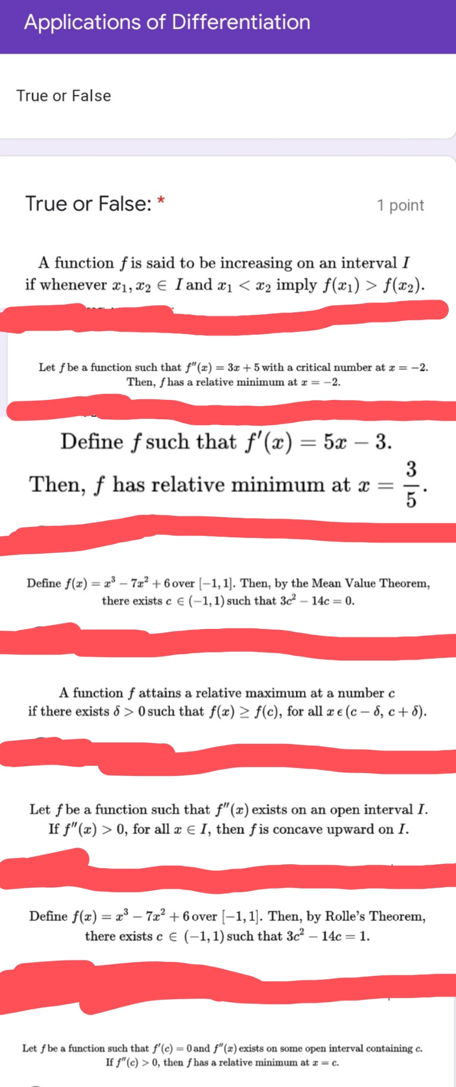 (Topic: Applications of Differentiation) Write only True or False...... This is Urgent!!