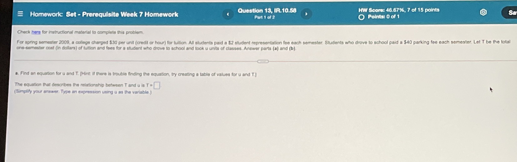  Homework: Set - Prerequisite Week 7 Homework Question 13, IR.10.58 HW