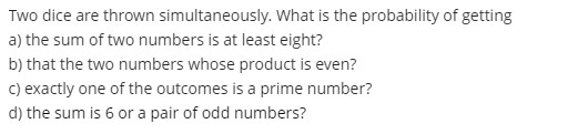 . Two dice are thrown simultaneously. What is the probability of