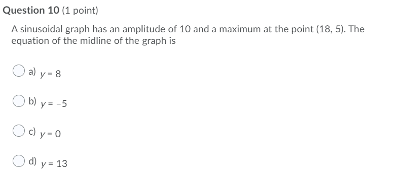 Question 10 {1 point} A sinusoidal graph has an amplitude of