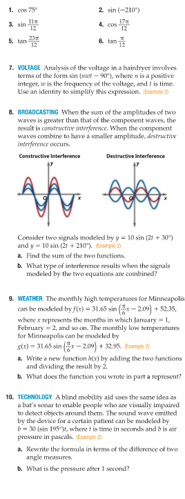 1. cos 75 2. sin (-210") 3. sin 4. cos 177