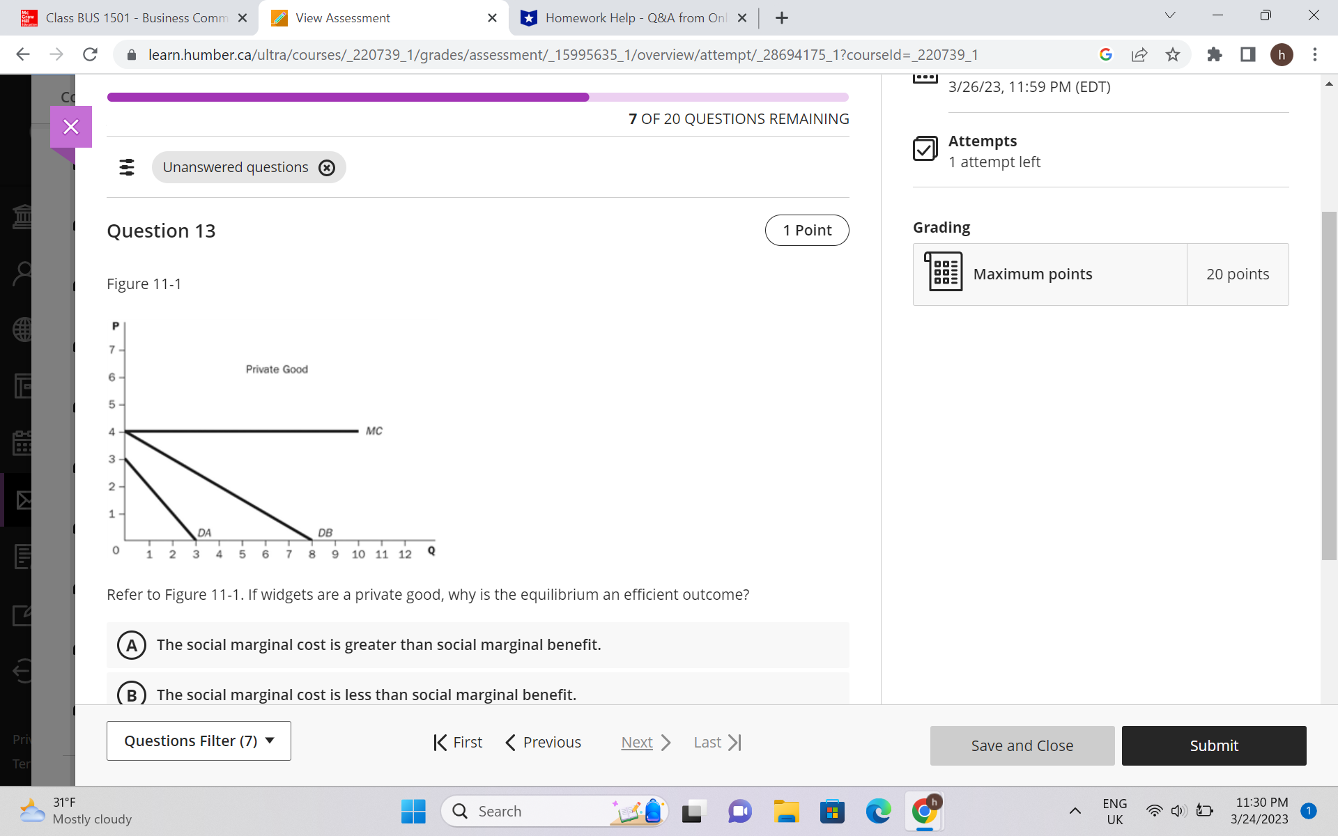 OF 20 QUESTIONS REMAINING Unanswered questions x Demand Q1 Quantity Refer to