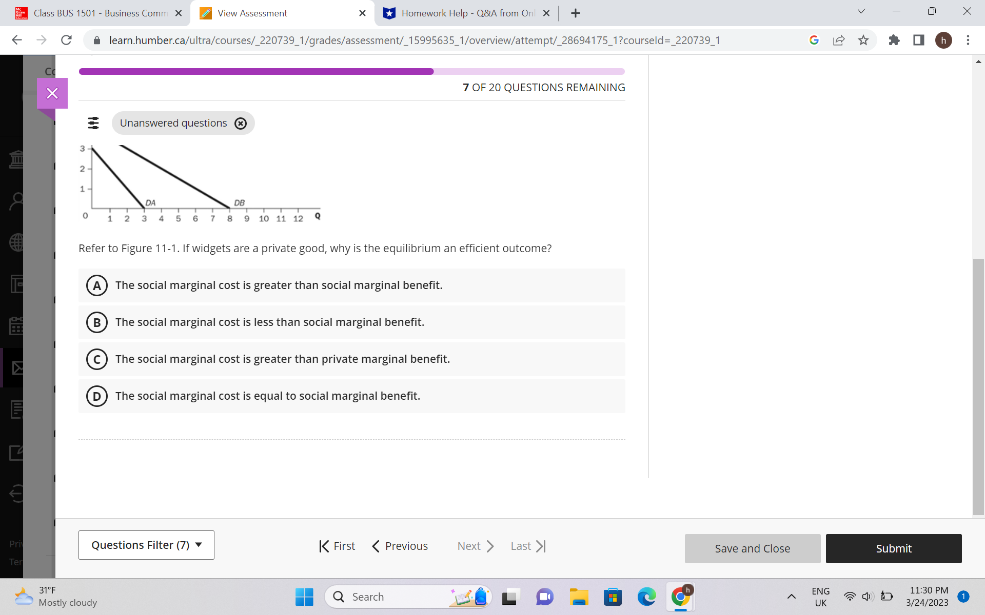 Figure 10-4. Which price and quantity combination represents the social optimum? A