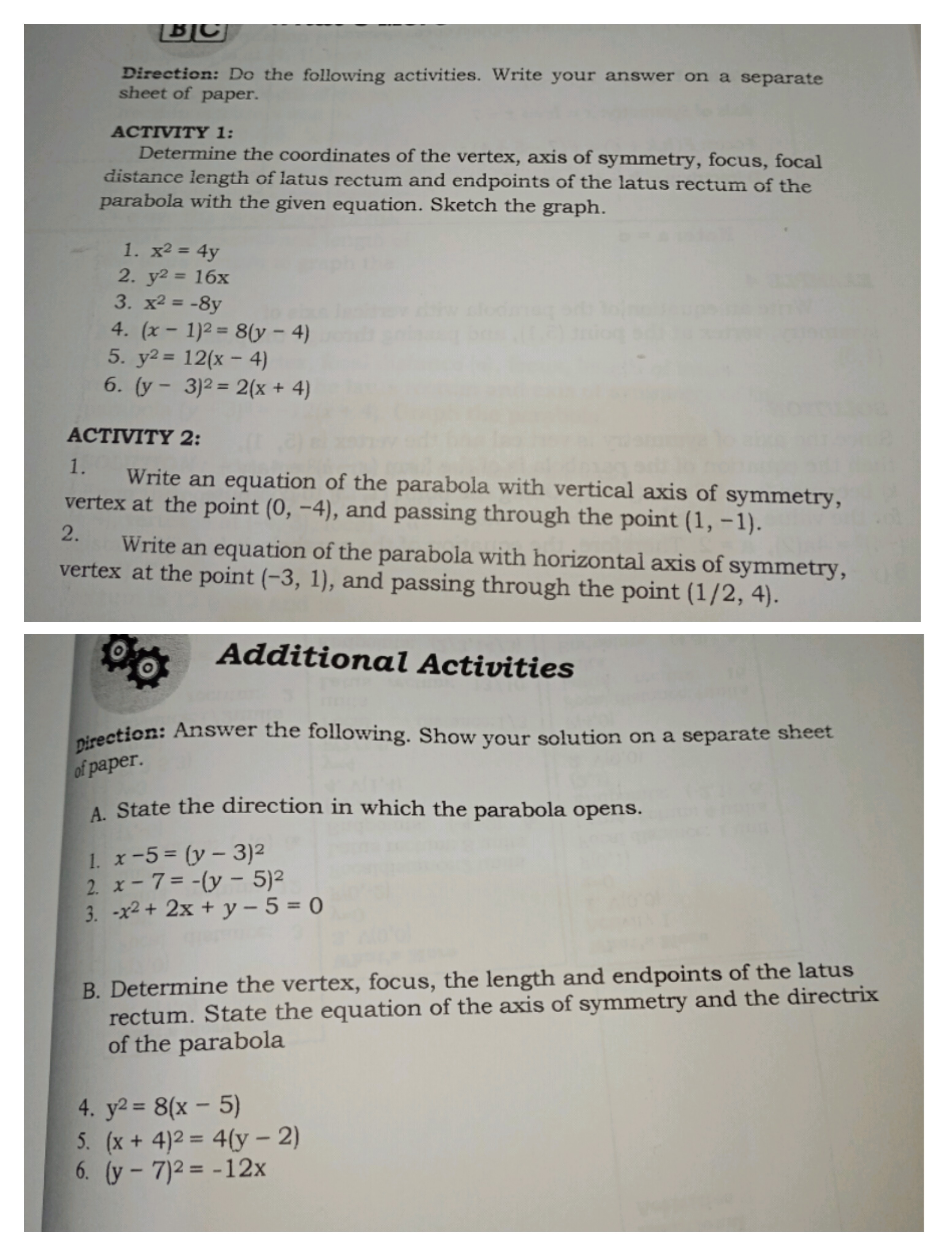 BC Direction: Do the following activities. Write your answer on a