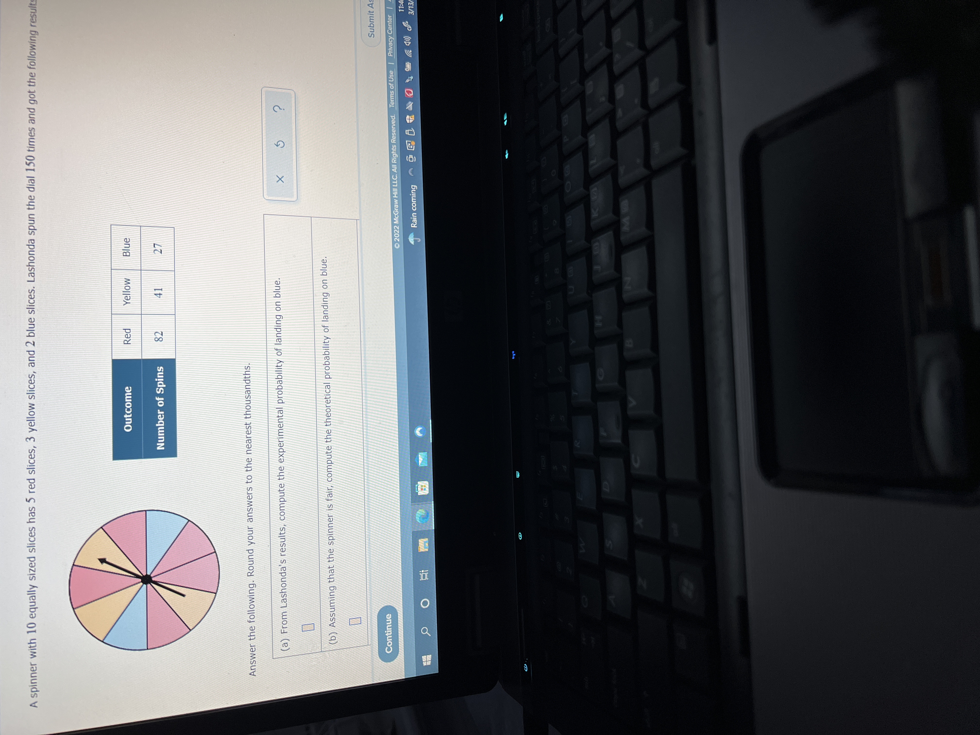  A spinner with 10 equally sized slices has 5 red slices,