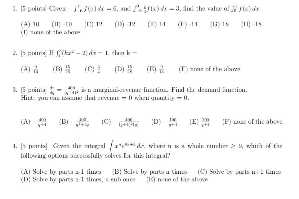  2 4 . [5 points] Given fl f(:r) d1 = 6,