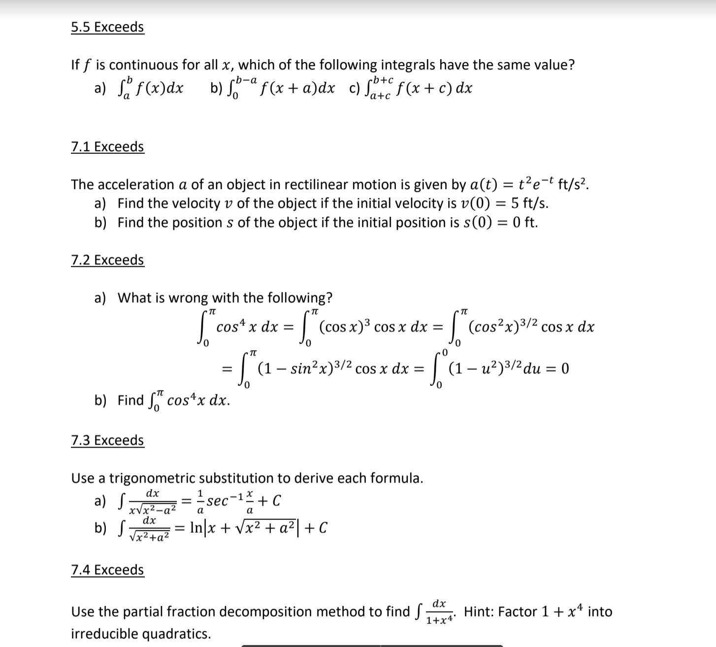  5.5 Exceeds If f is continuous for all x, which of