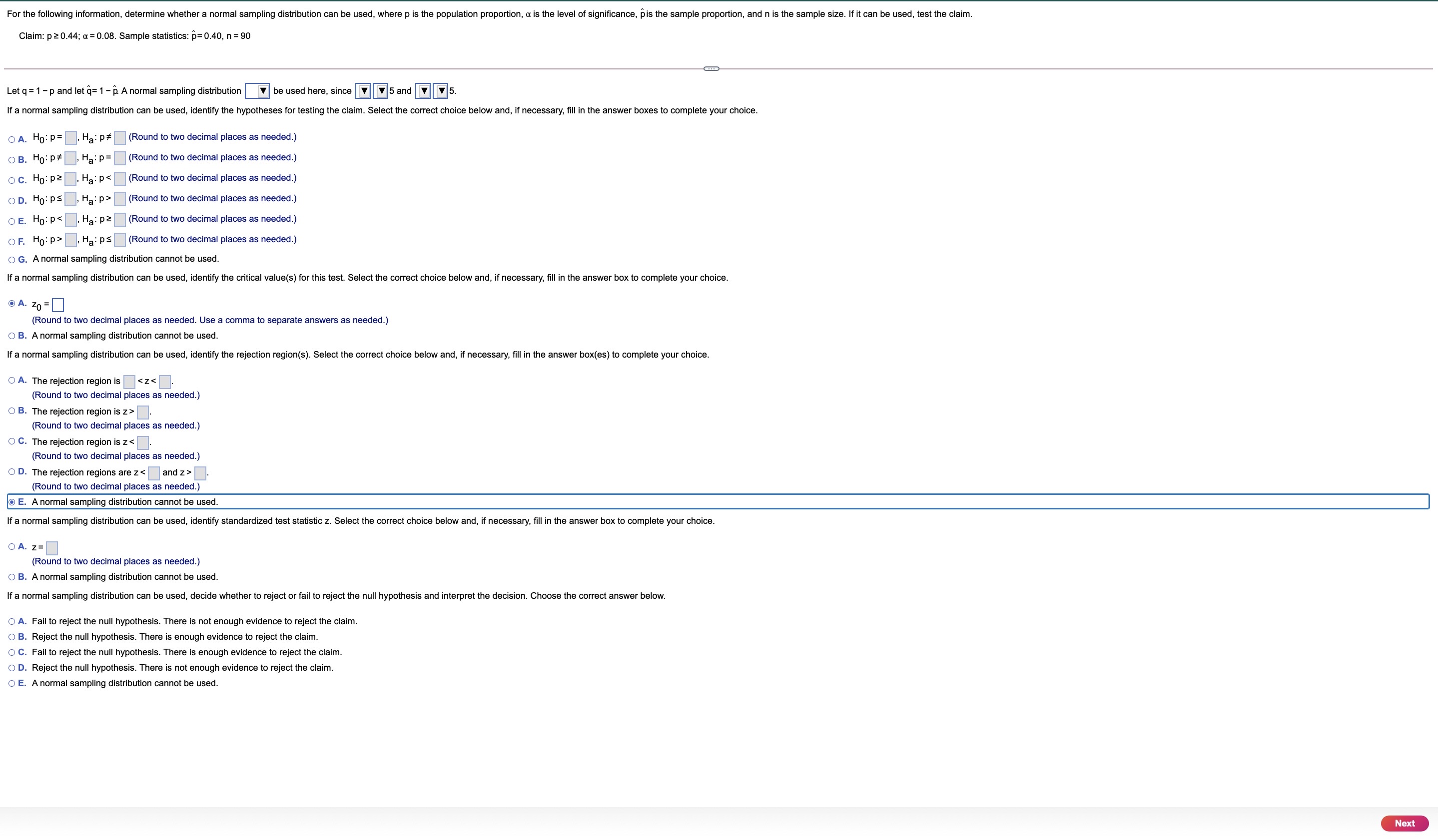  For the following information, determine whether a normal sampling distribution can