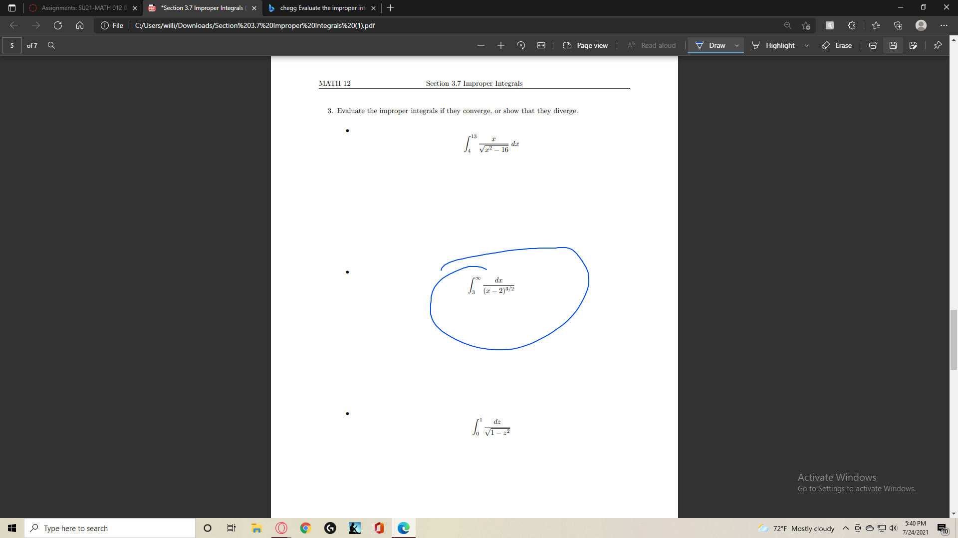 Assignments: SU21-MATH 012 0 x gor *Section 3.7 Improper Integrals (