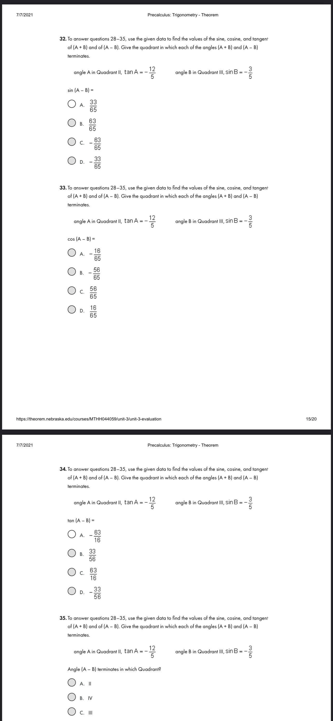 7/7/2021 Precalculus: Trigonometry - Theorem 32. To answer questions 28-35, use