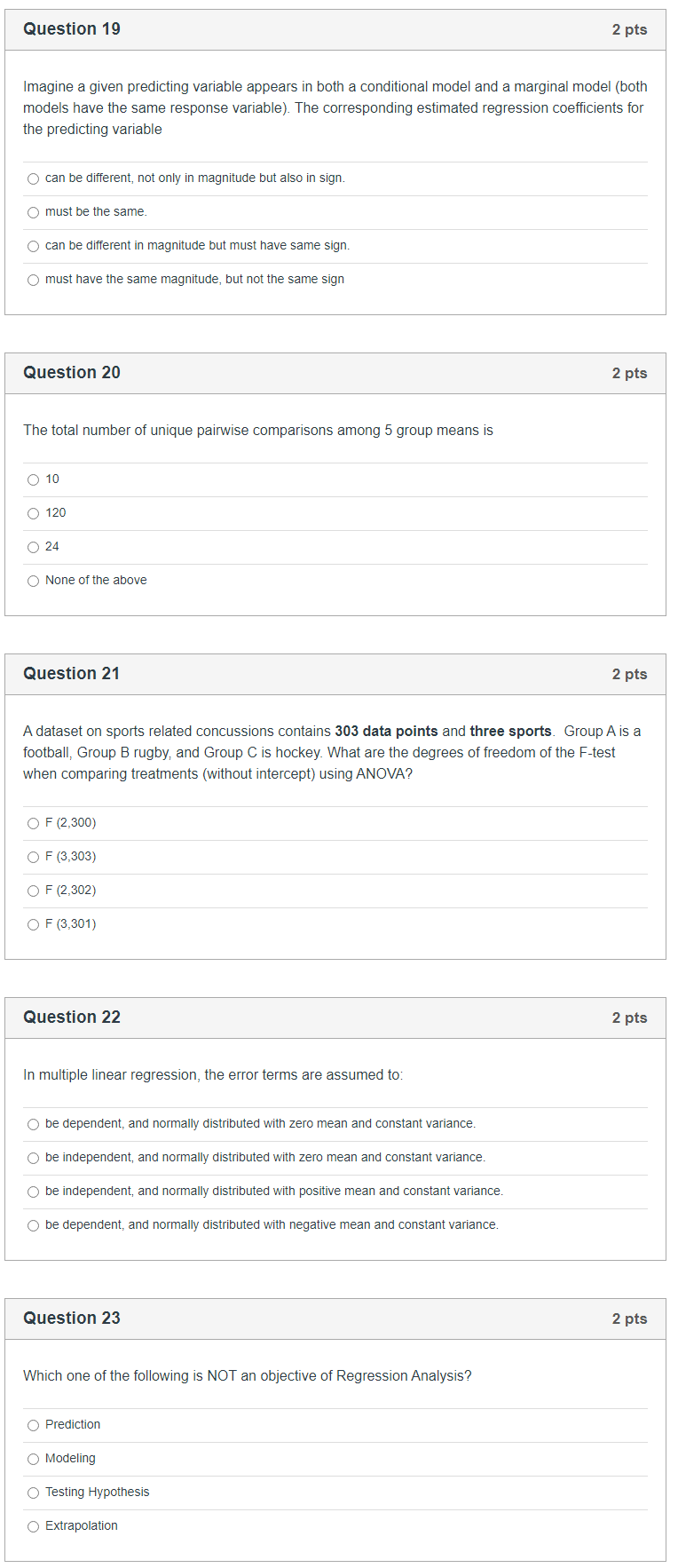  Question 19 2 pts Imagine a given predicting variable appears in
