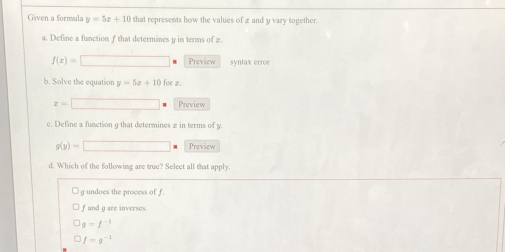  Given a formula y = 5x + 10 that represents how