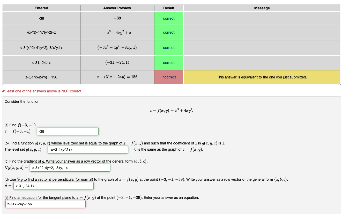 question is below Entered Answer Preview Result Message -39 -39 correct -(x^3)-4*X"(y^
