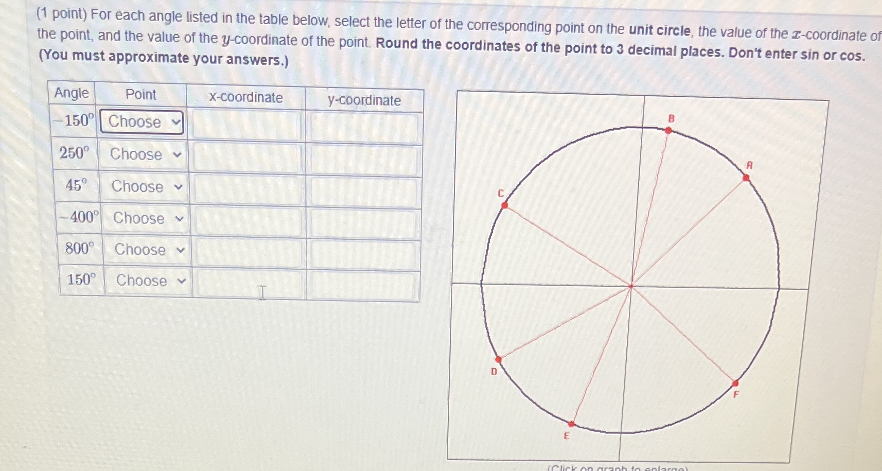 (1 point) For each angle listed in the table below, select