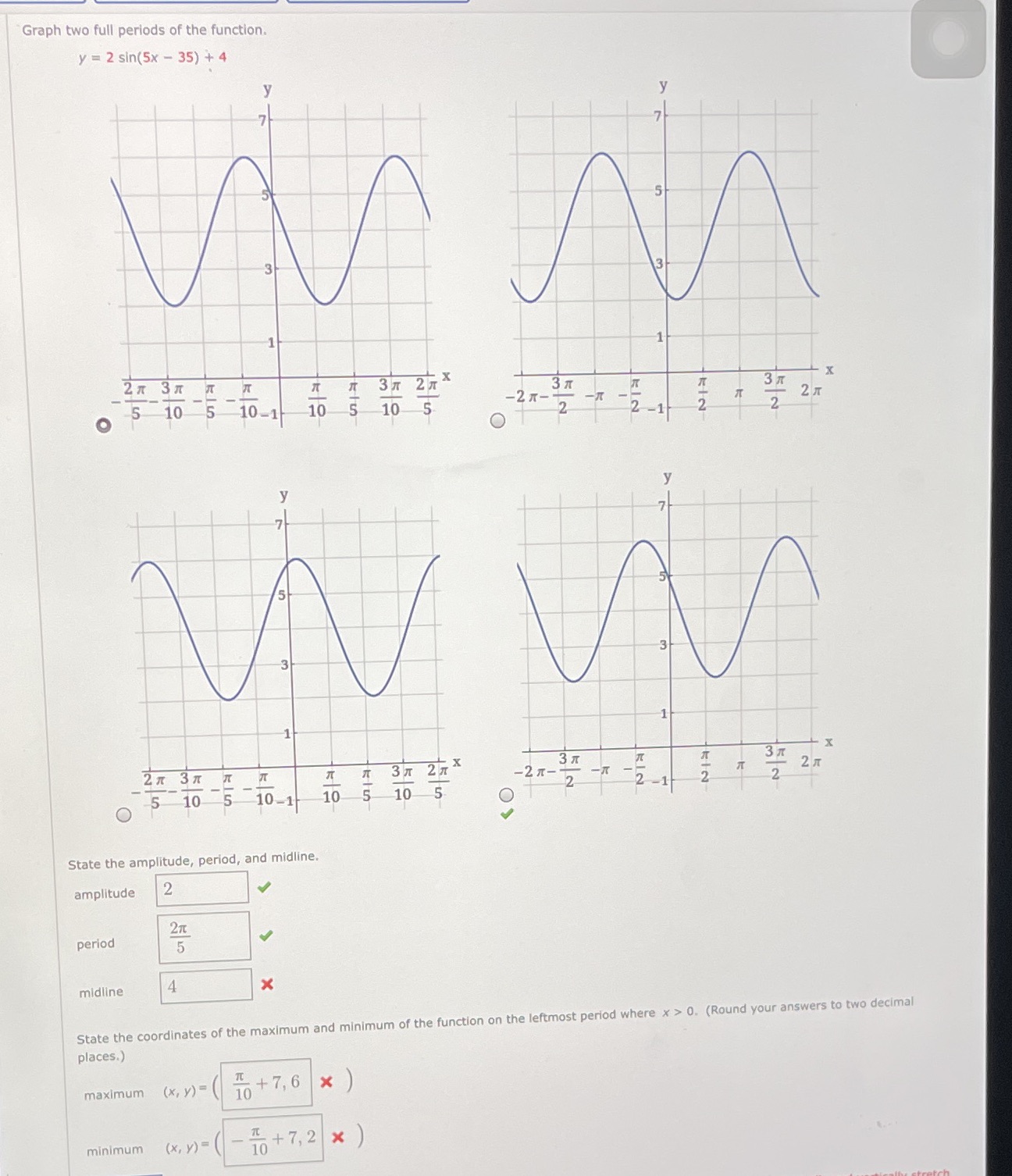  Graph two full periods of the function. y = 2 sin(5x