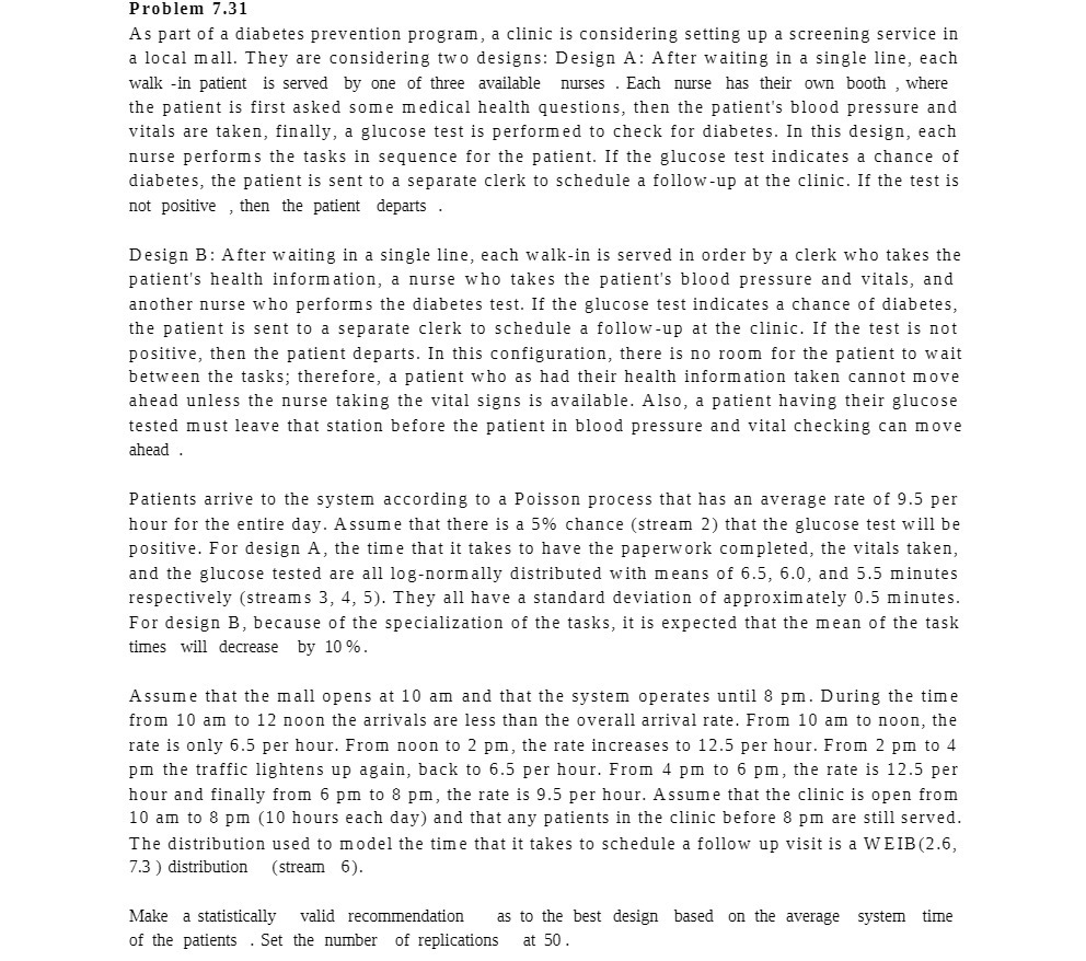  Problem 7.31 As part of a diabetes prevention program, a clinic