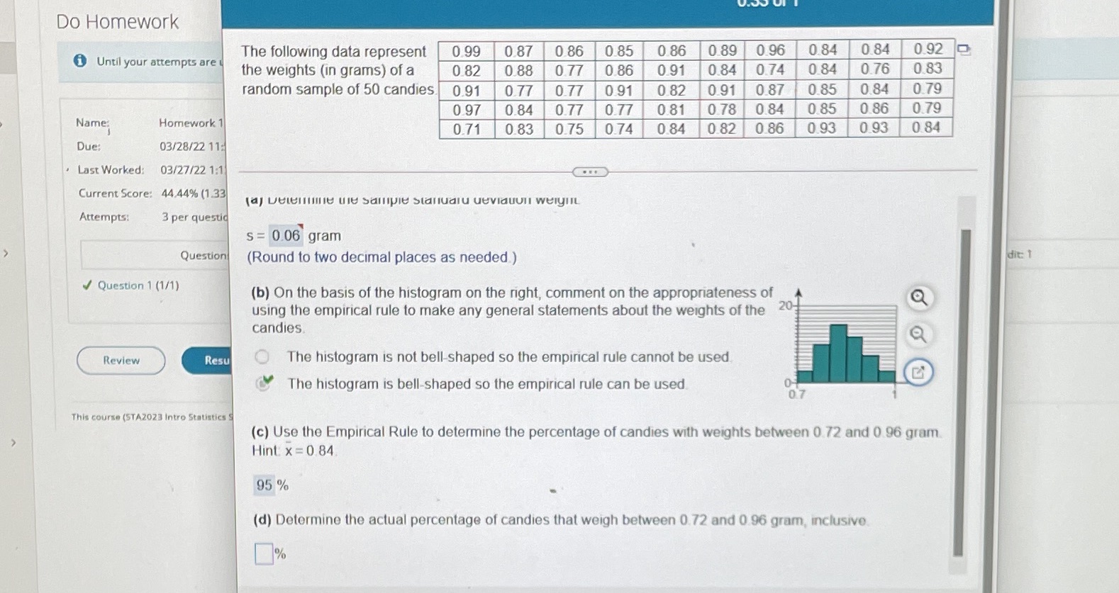  Do Homework The following data represent 0.99 0.87 0.86 0.85 0.86