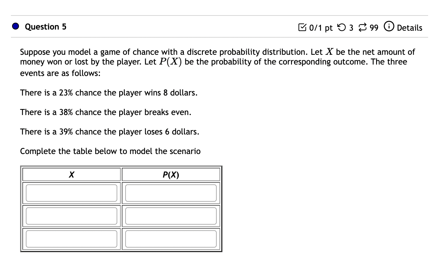 Details Find the expected value of the above random variable. Submit Question