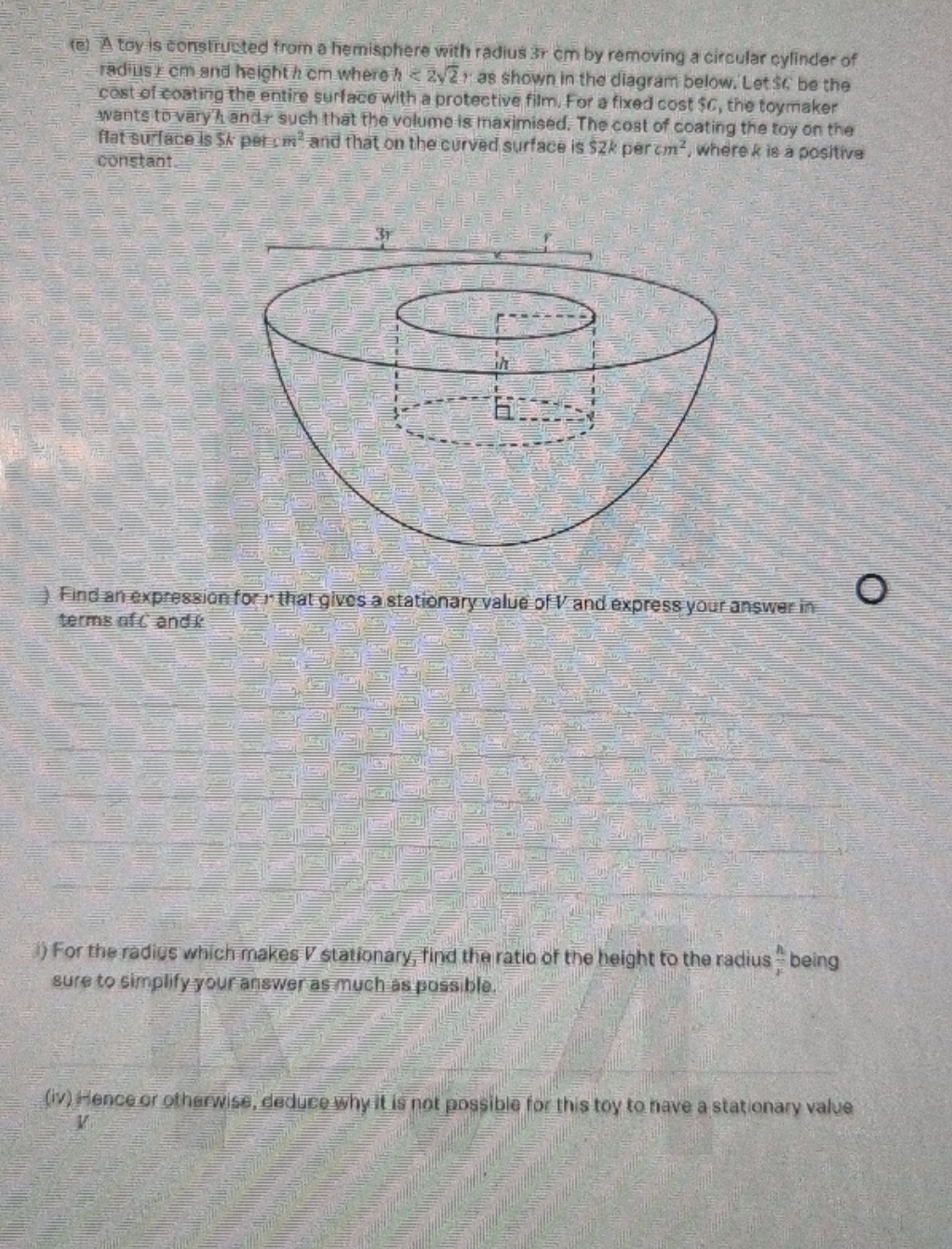 need help with this (e) A toy is constructed from a hemisphere