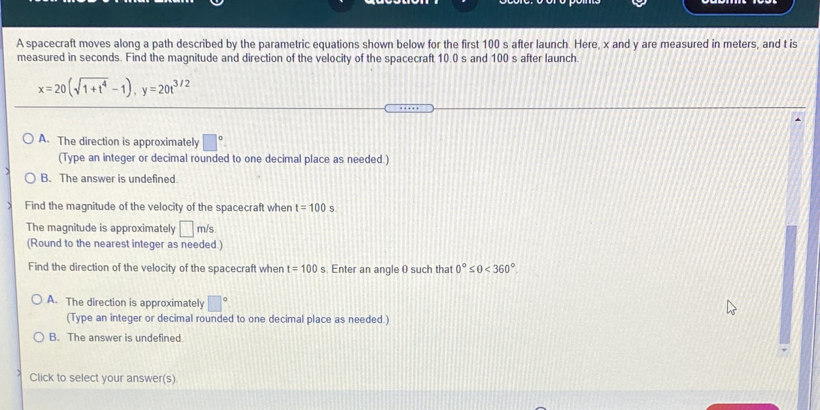 A spacecraft moves along a path described by the parametric equations