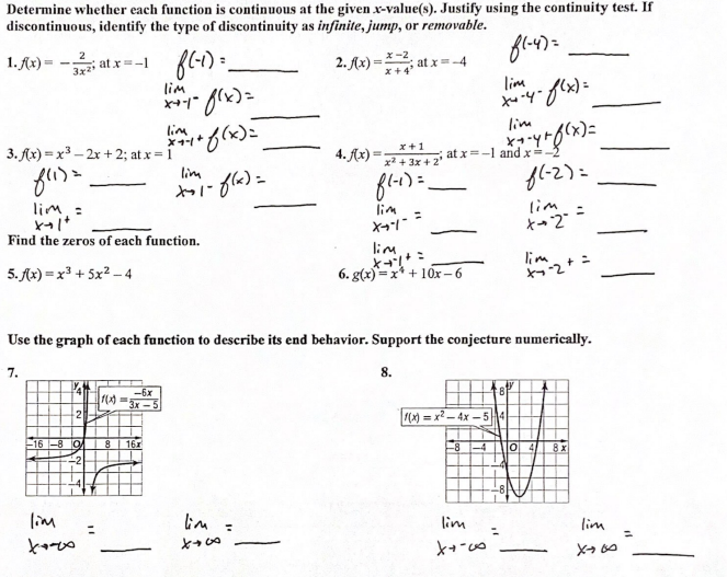 Please assist Determine whether each function is continuous at the given x-value(s).