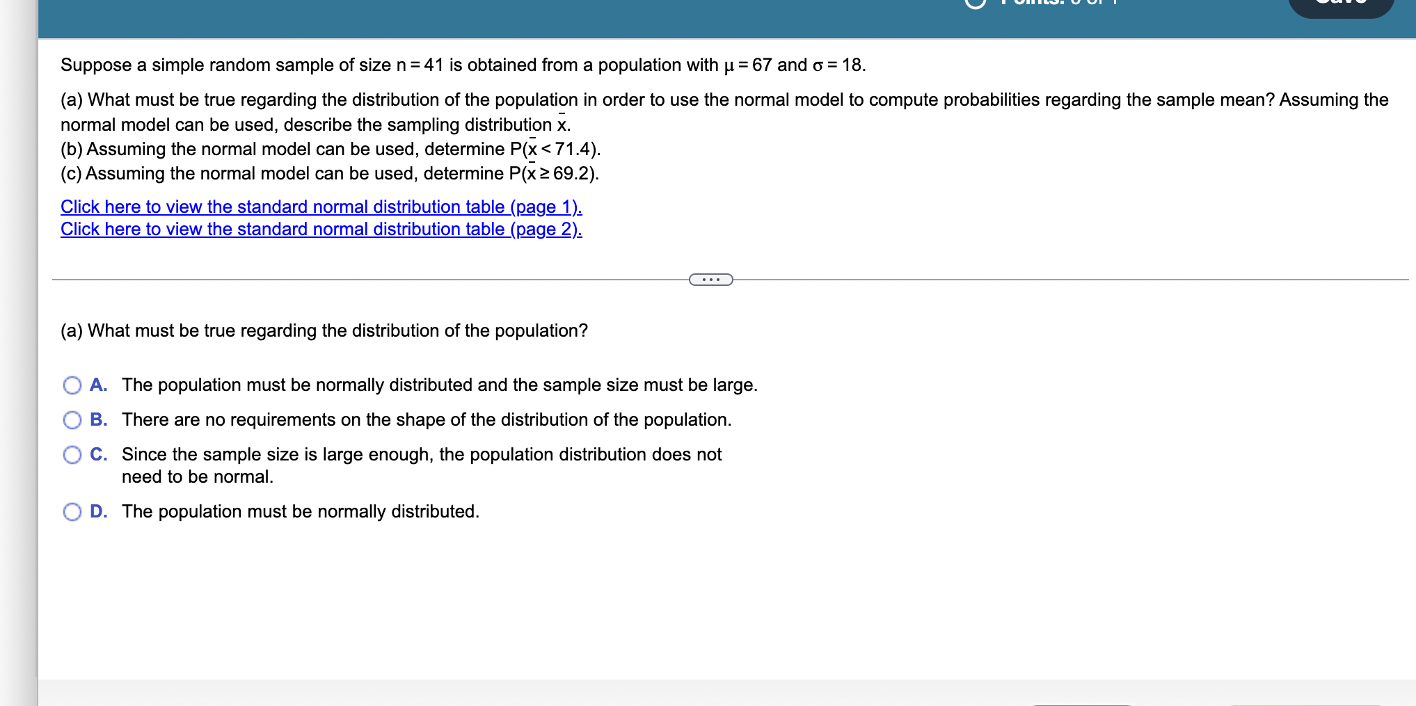  Suppose a simple random sample of size n = 41 is