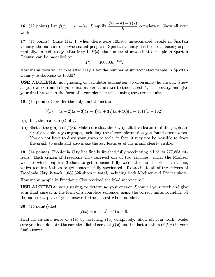  16. (12 points) Let f(x) = x2 + 3x. Simplify J(7+