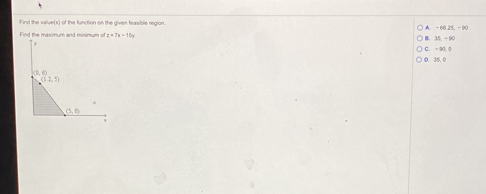  Find the value(s) of the function on the given feasible region.