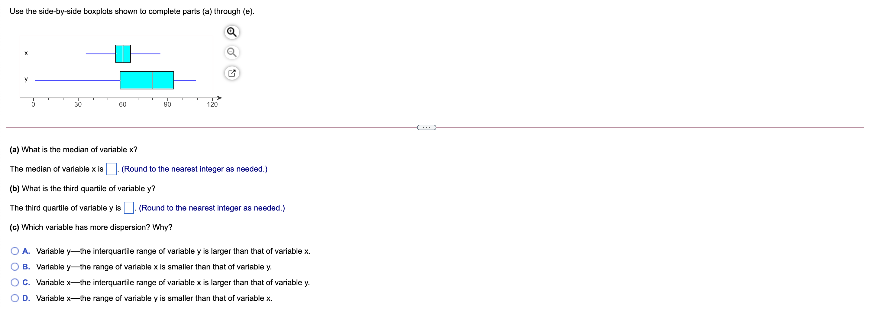  Use the side-by-side boxplots shown to complete parts (a) through (e).