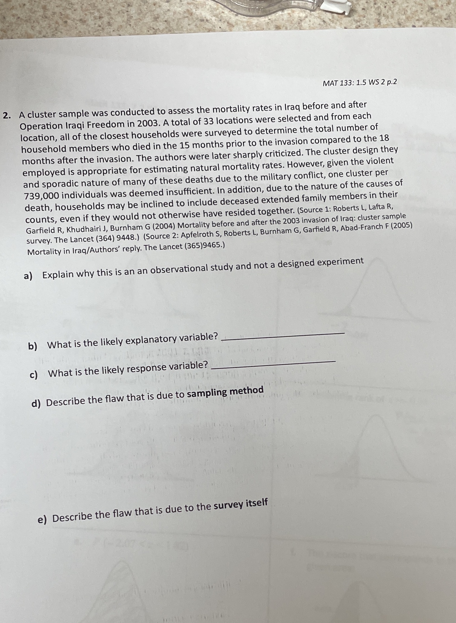  MAT 133: 1.5 WS 2 p.2 2. A cluster sample was
