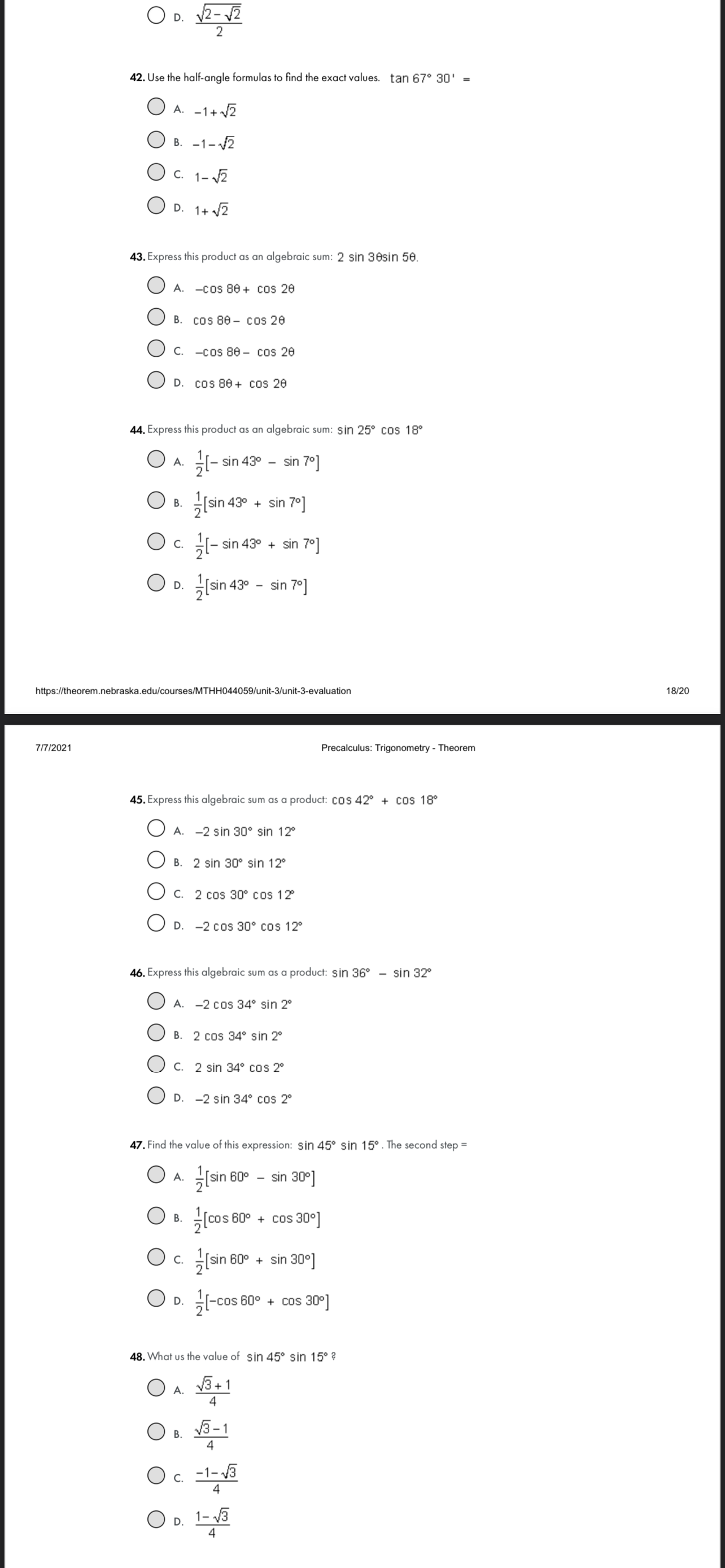  O D. V2- V2 42. Use the half-angle formulas to find