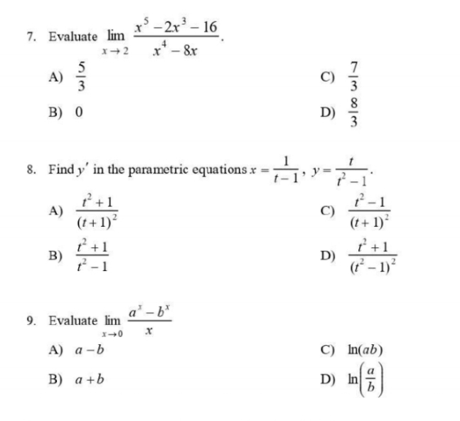 This is in Differential Calculus. This is only multiple choice. Provide necessary
