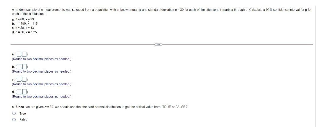 A random sample of n measurements was selected from a population