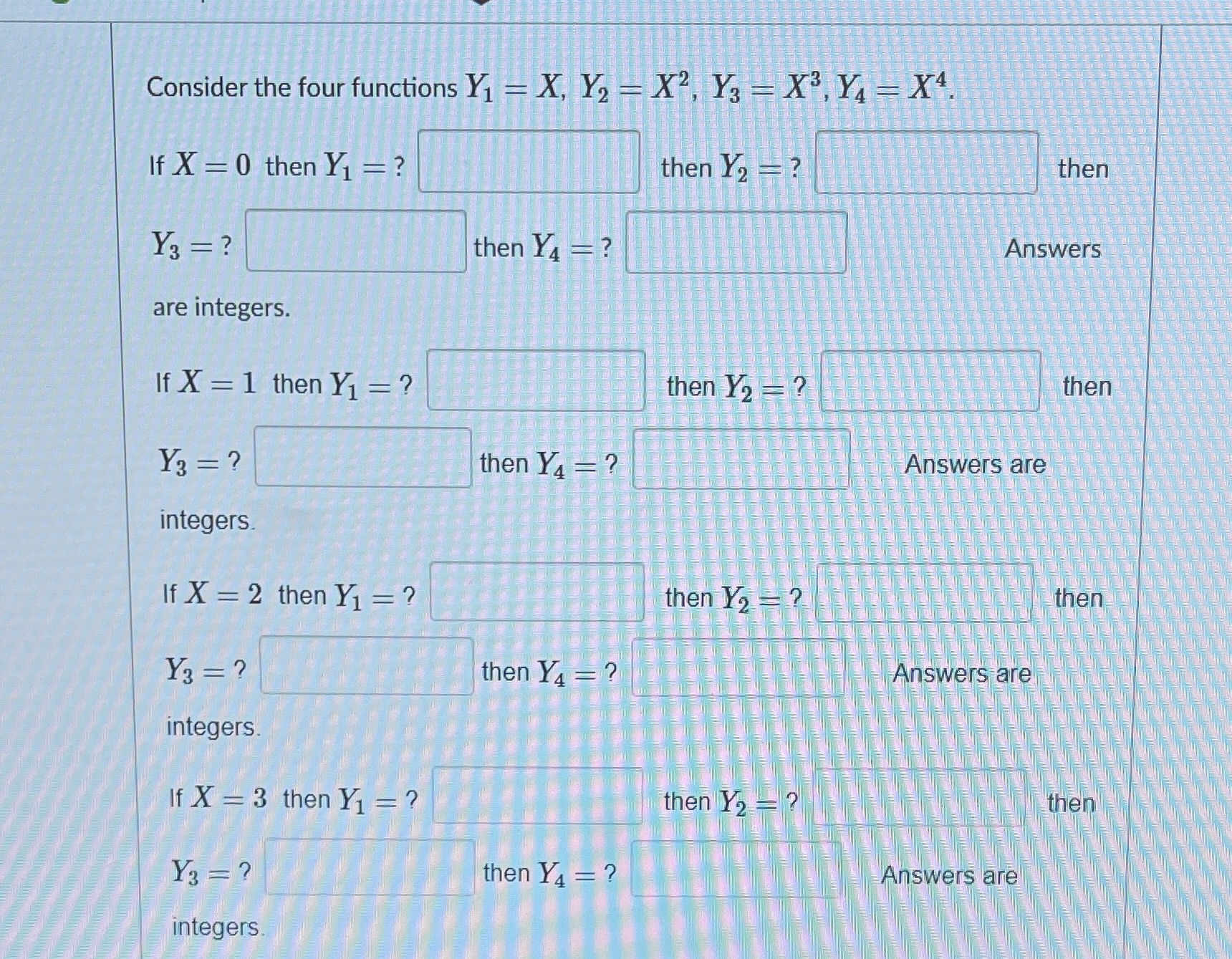 Need helping solving this problem. Plz! Consider the four functions Y1 =