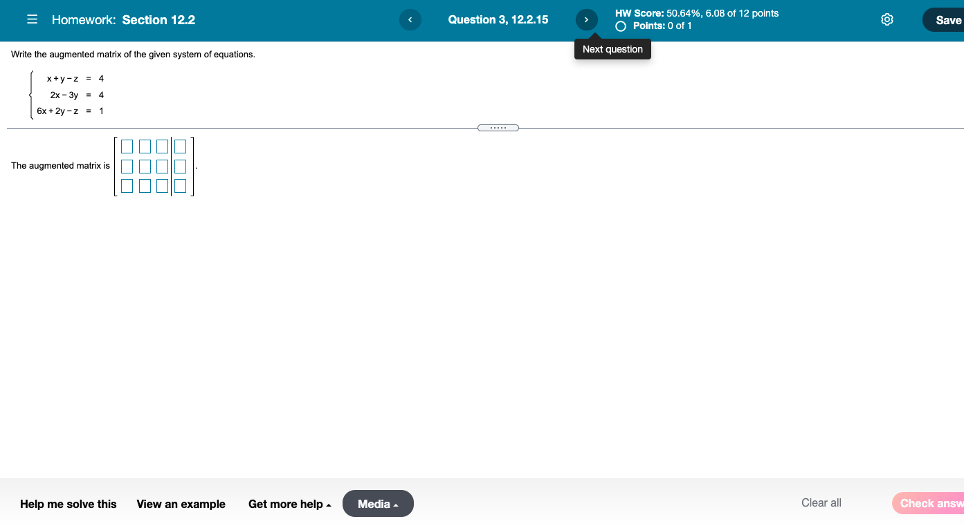 Score: 50.64%, 6.08 of 12 points * Points: 0 of 1 Save