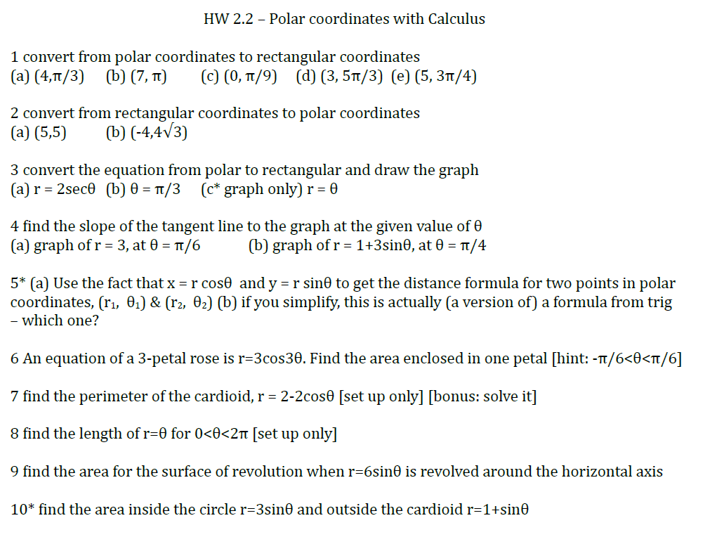 HW 2.2 - Polar coordinates with Calculus 1 convert from polar