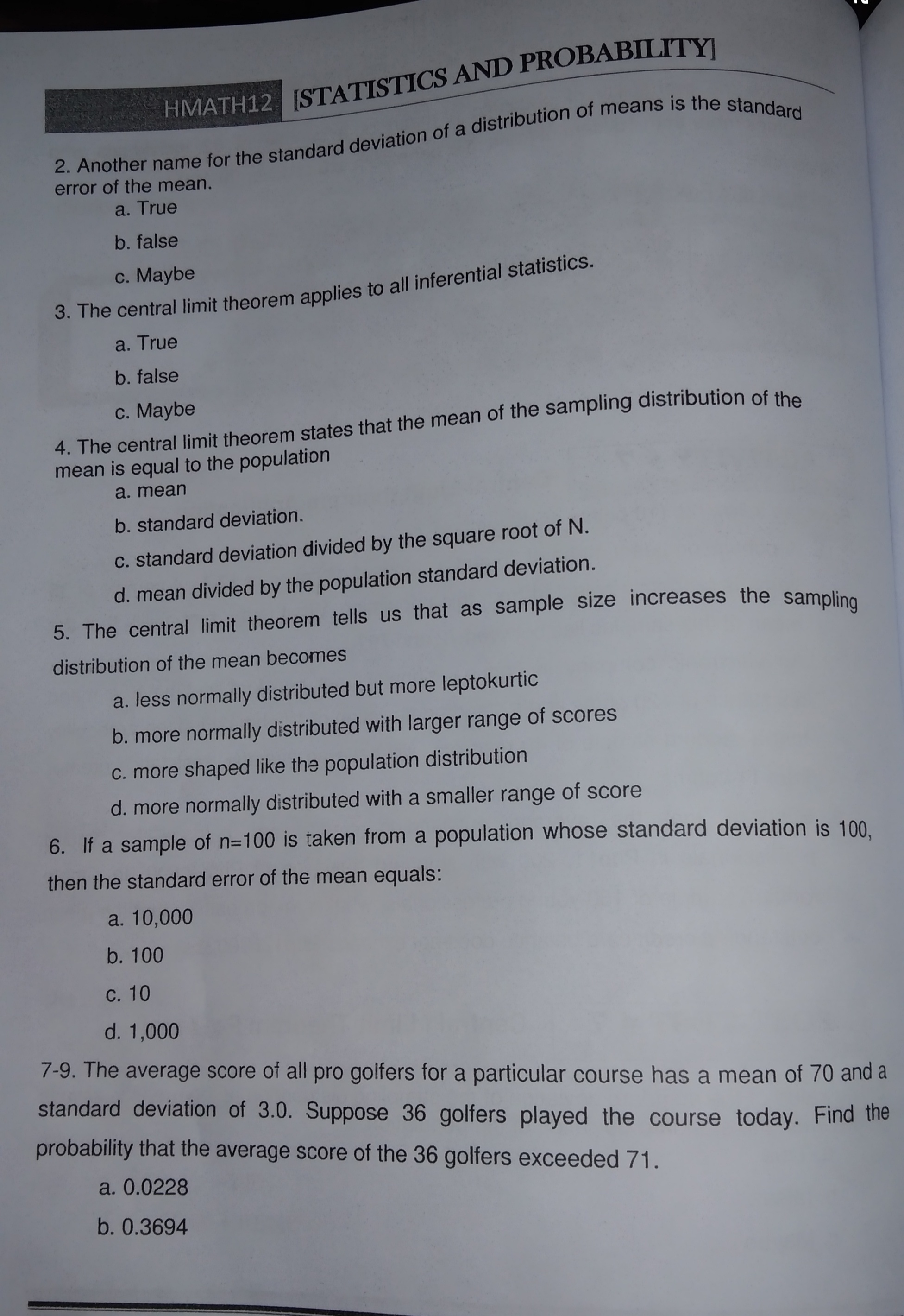 01:31 POST-TEST # 7 Central I Limit Theorem Post test 1. The