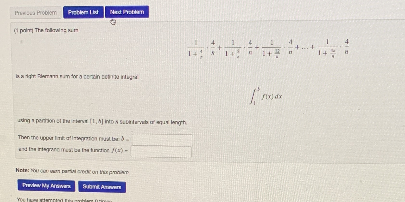 Previous Problem Problem List Next Problem (1 point) The following sum