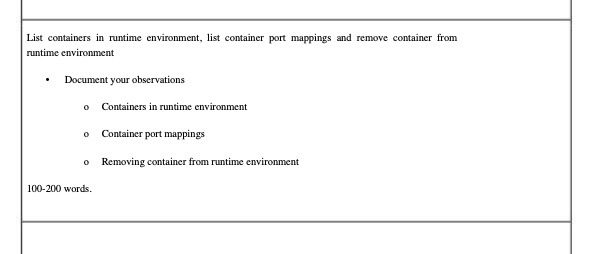 List containers in runtime environment, list container port mappings and remove