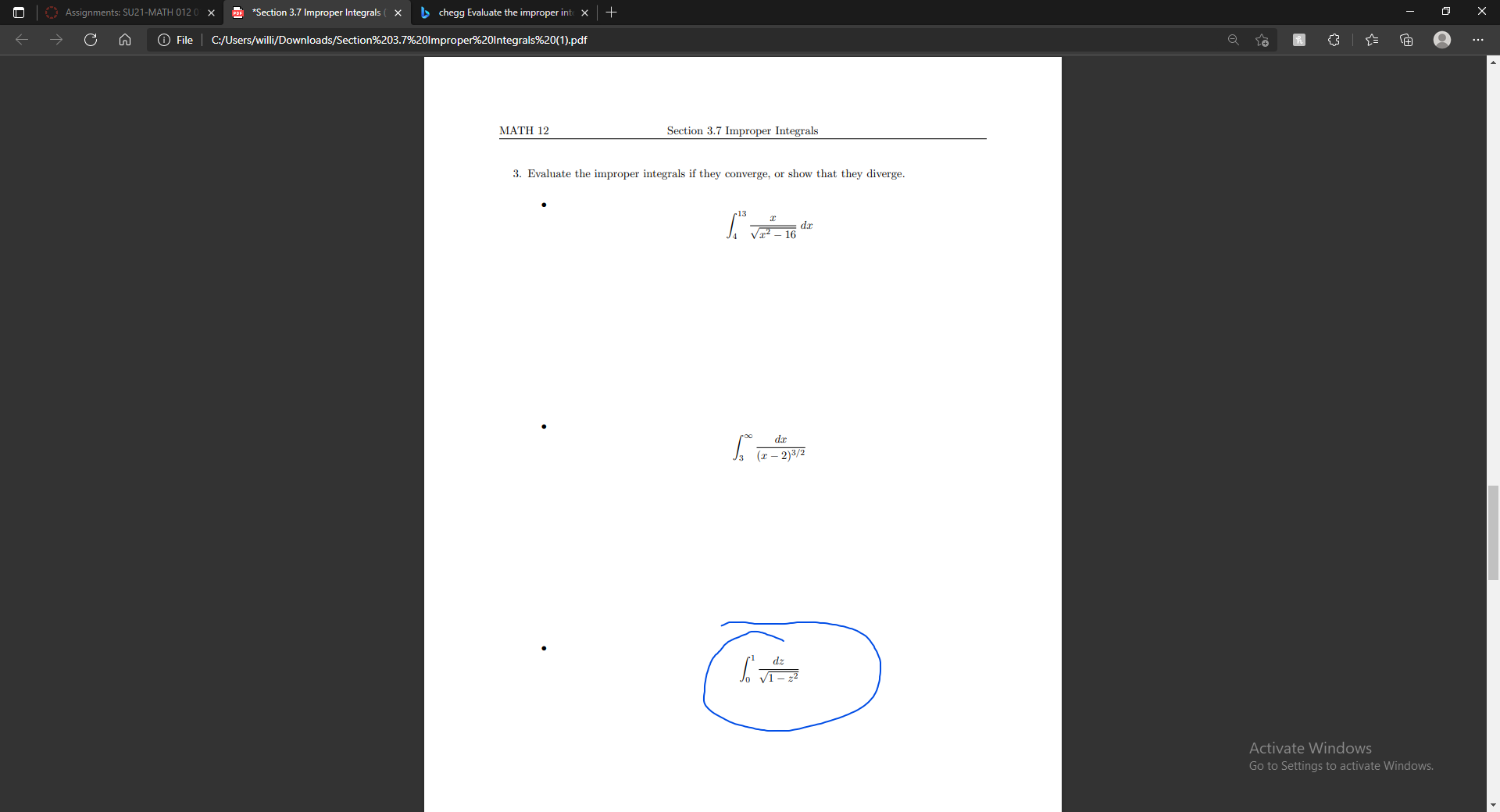 Assignments: SIJ21 -MATH 012 *Section 3.7 Improper Integrals (X Chegg Qaluate the