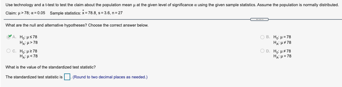 the claim about the population mean u at the given level of