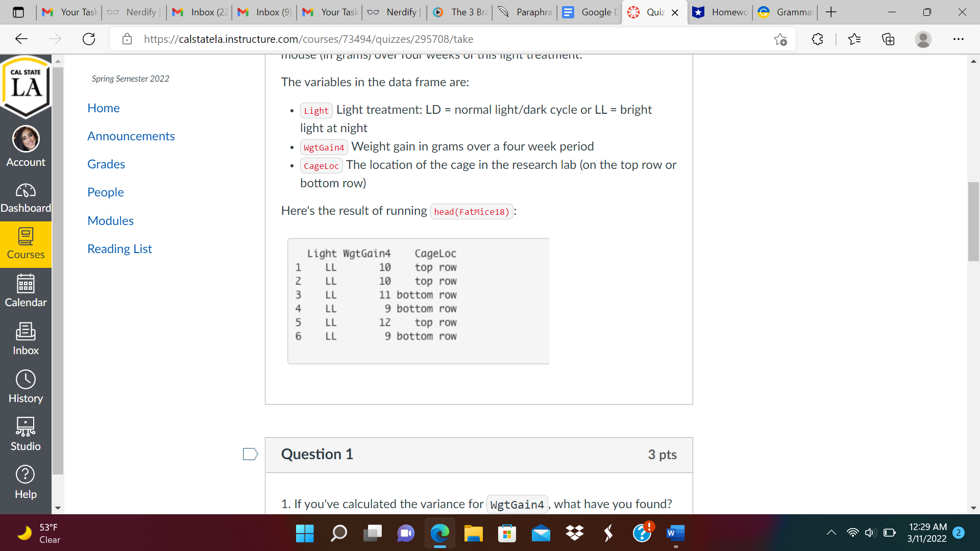 Questions in this assignment are based on a data frame calledFatMice18, which