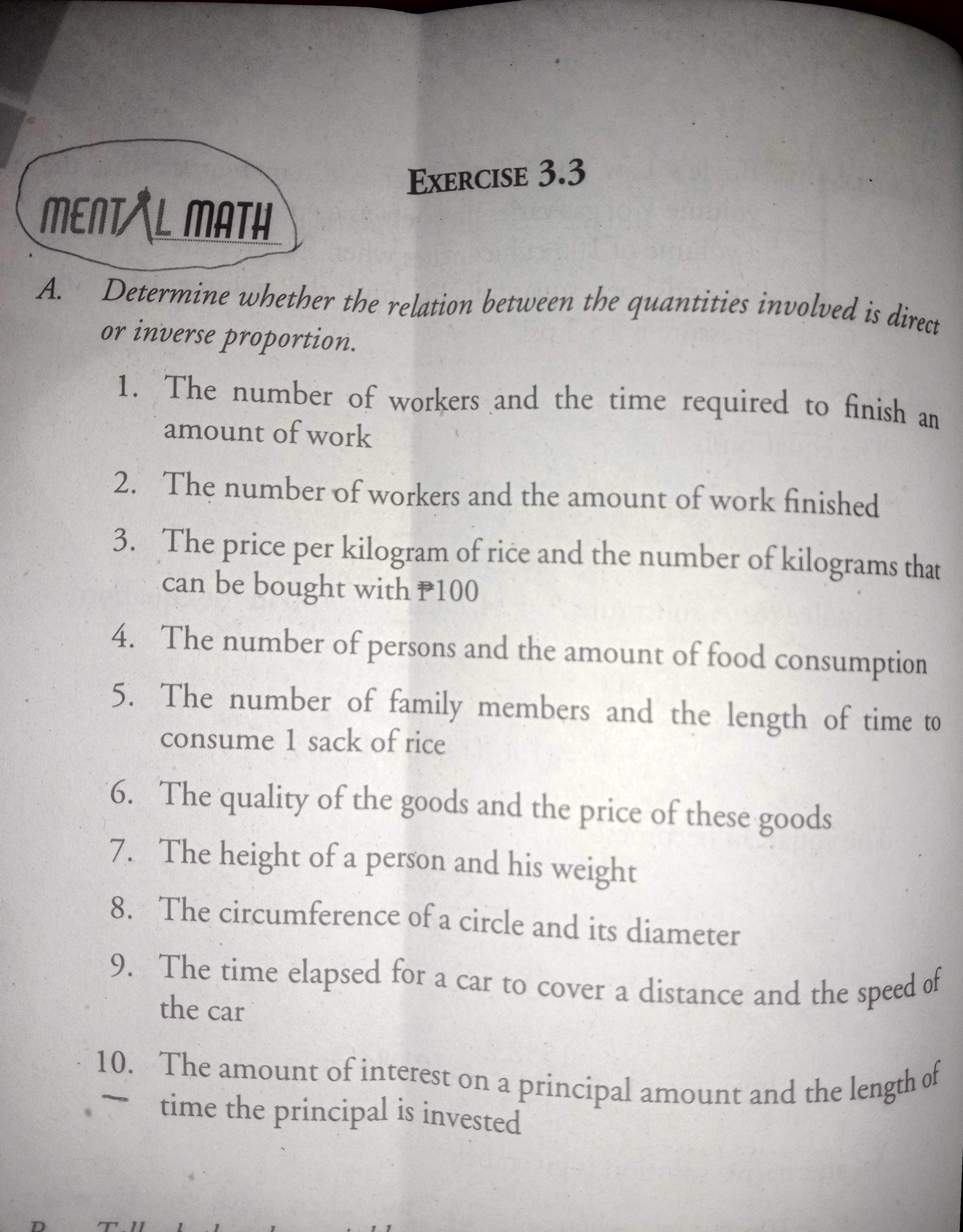  EXERCISE 3.3 MENTAL MATH A. Determine whether the relation between the
