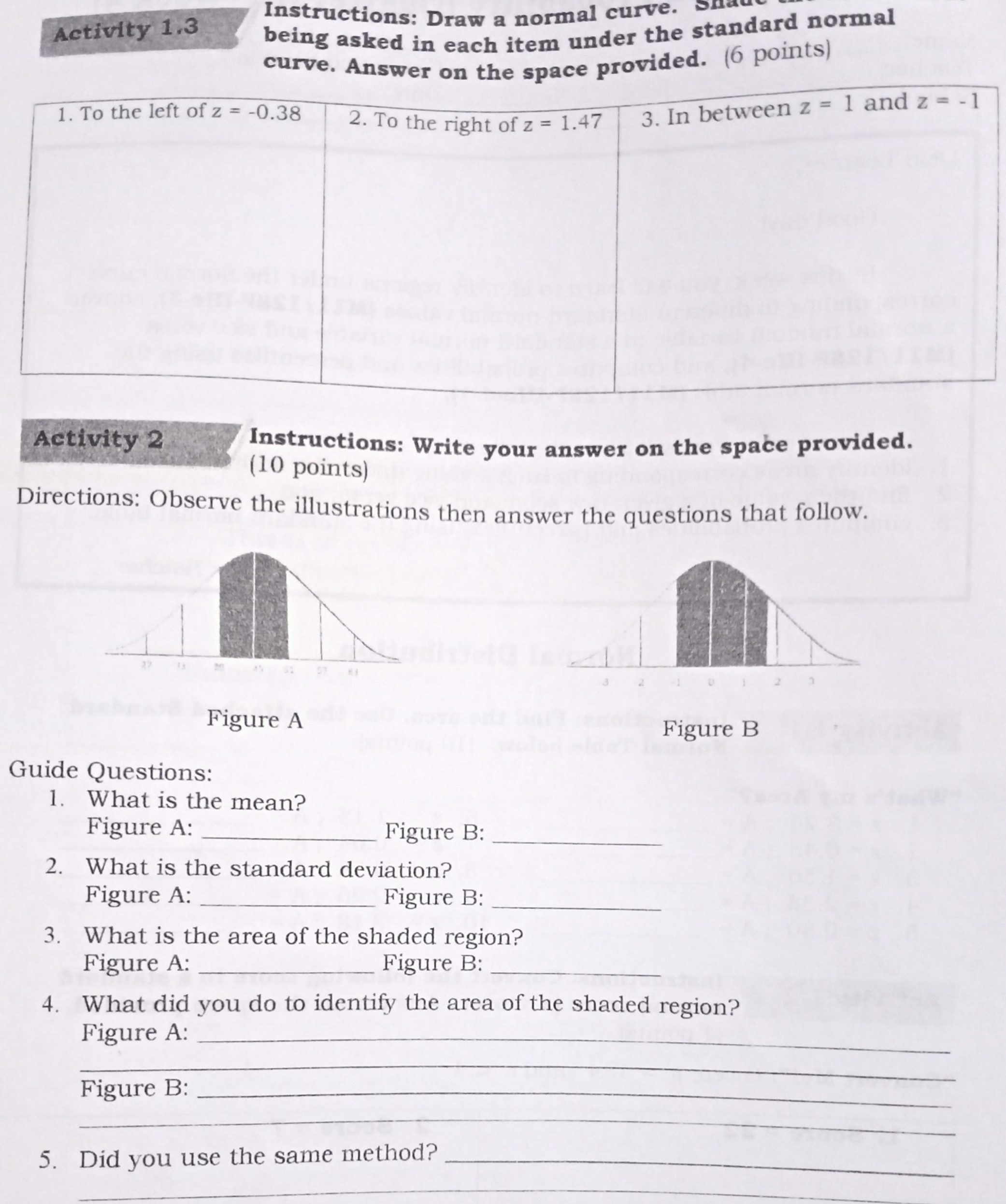 below. (10 points) \"What's my Area?" l.z=3.24; =K 6.z=-1.15;A= 2.z=0.48; = 7.z=-0.64;A=