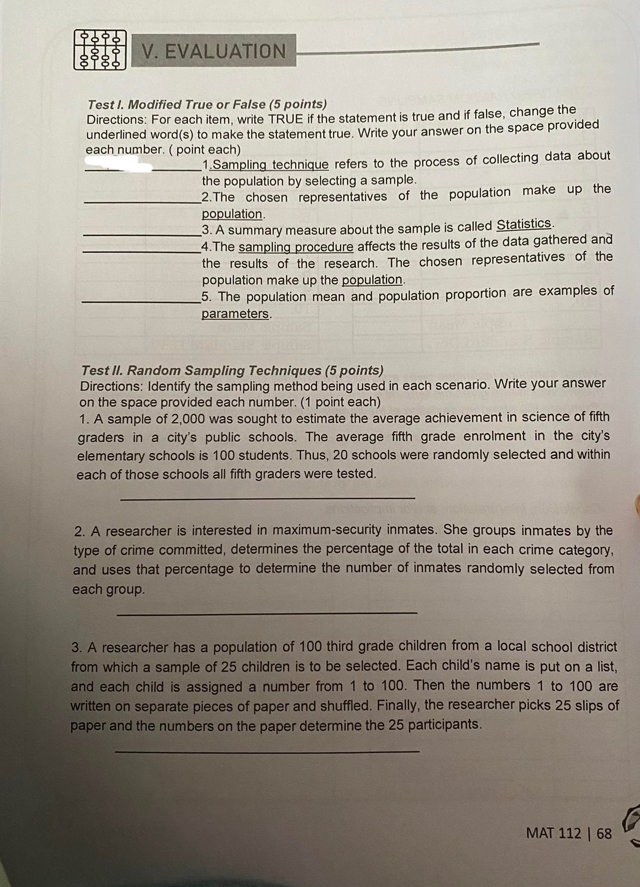  898 V. EVALUATION Test l. Modified True or False (5 points)